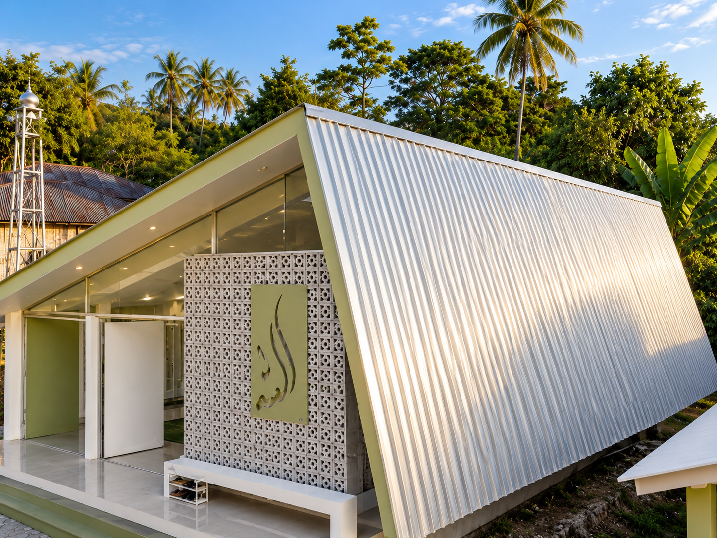 Modern Tropical Mosque Under Sunlit Roof.png